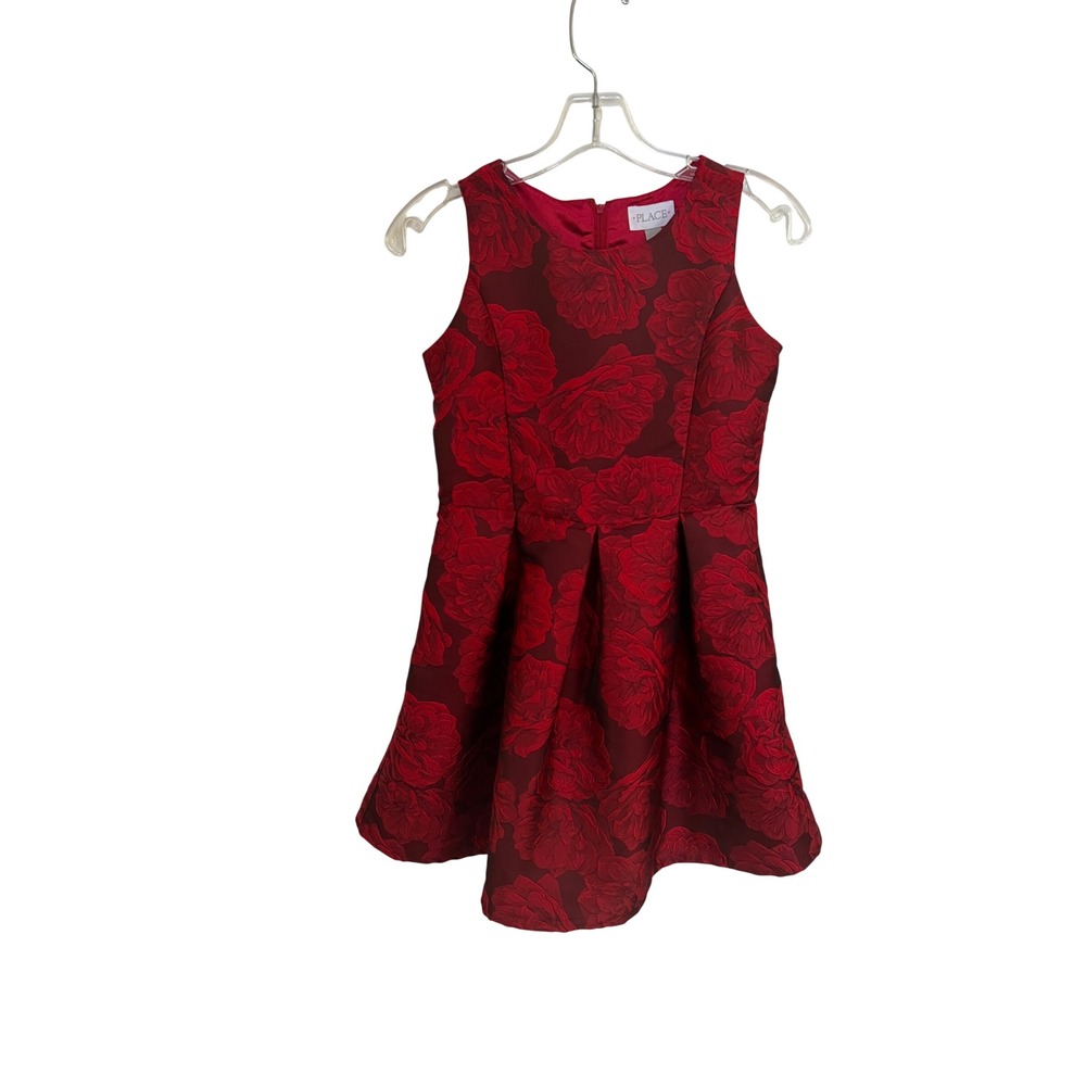 The Childrens Place Girls Red Burgundy Floral Jacquard Fit Flare Dress Size 12